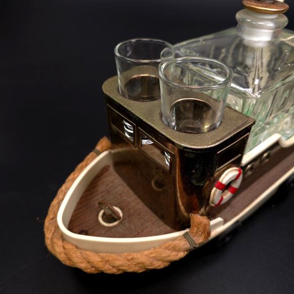 Vintage Music Box Tugboat Decanter w/ 4 Shot Glasses Maritime Home Decor - Picture 6 of 11